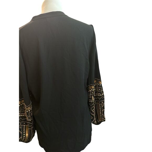 Chicos Top Size Med Beaded Holiday Black Gold Long Balloon Sleeve Dressy - Picture 2 of 4